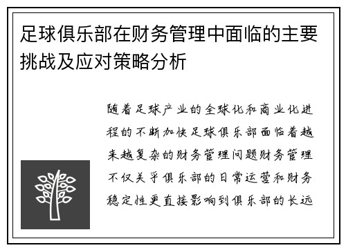 足球俱乐部在财务管理中面临的主要挑战及应对策略分析