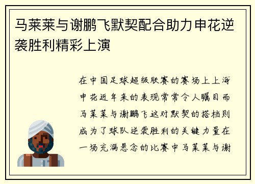 马莱莱与谢鹏飞默契配合助力申花逆袭胜利精彩上演